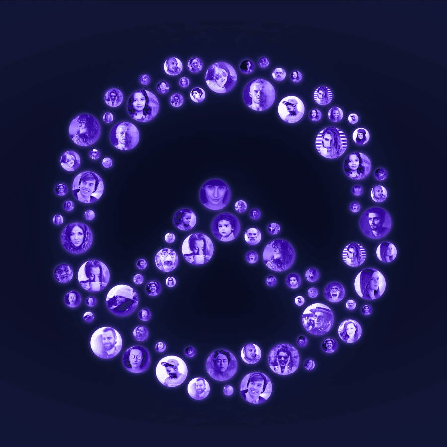 Dozens of circular portrait photos, tinted purple, packed together to form a logo