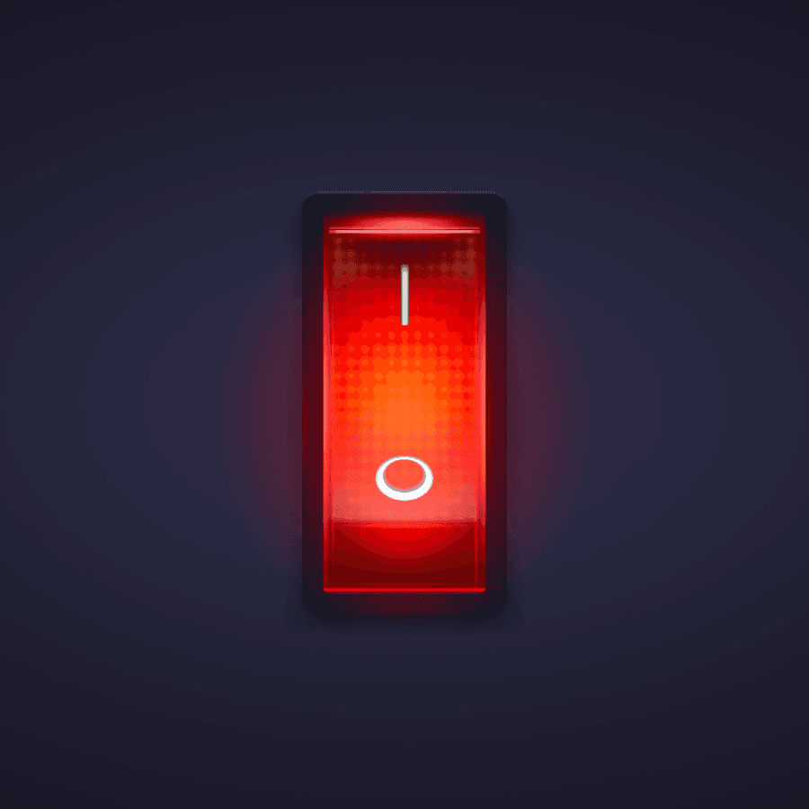 An illuminated, glowing red rocker switch on a dark background