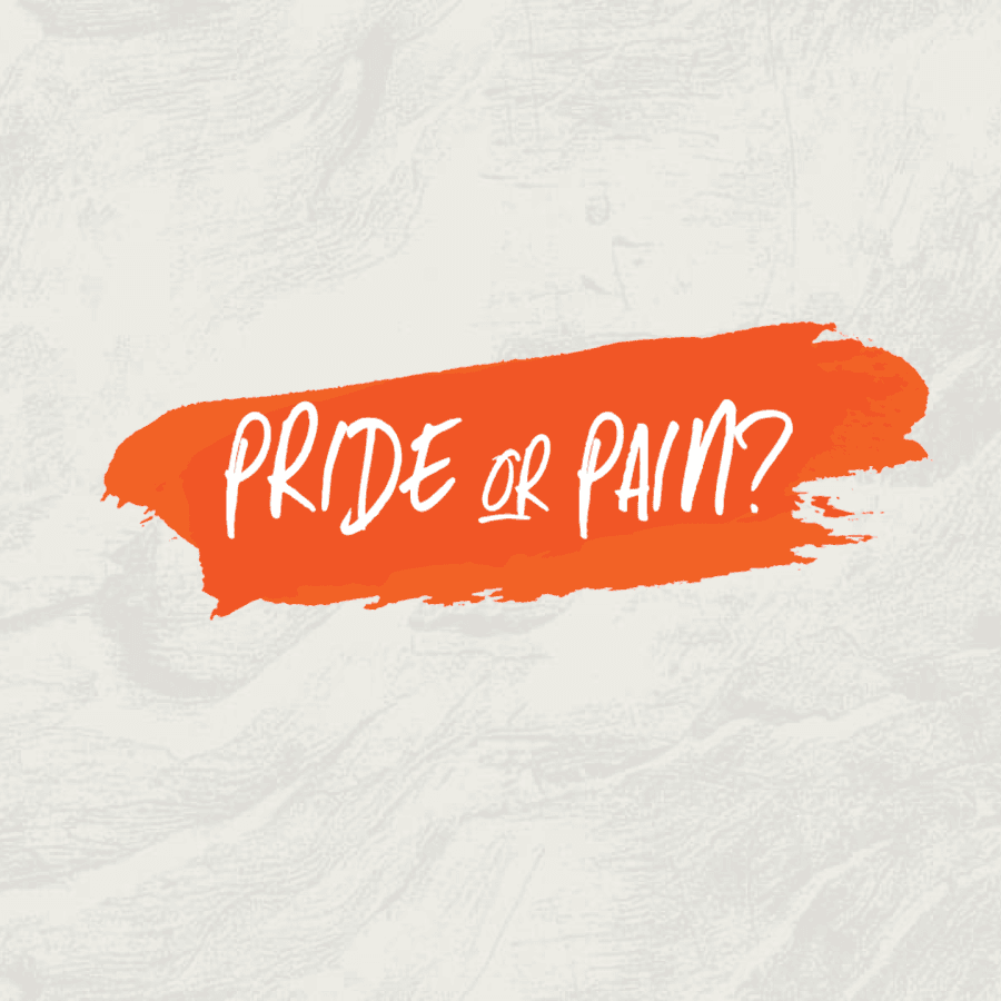 A centered dark orange brush stroke with the title 'Pride or Pain?' written over it
